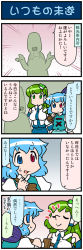 Rule 34 | 2girls, 4koma, artist self-insert, blue eyes, blue hair, closed eyes, comic, commentary request, detached sleeves, frog hair ornament, gradient background, green eyes, green hair, hair ornament, hair tubes, heterochromia, highres, holding, holding umbrella, juliet sleeves, kochiya sanae, long hair, long sleeves, mizuki hitoshi, multiple girls, nontraditional miko, open mouth, overalls, puffy sleeves, red eyes, short hair, smile, smug, snake hair ornament, sweatdrop, tatara kogasa, touhou, translation request, umbrella, vest, wide sleeves