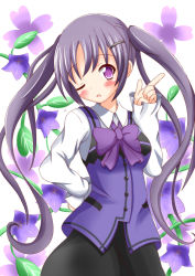 Rule 34 | 1girl, black skirt, blush, bow, bowtie, breasts, floral background, flower, flower request, flying sweatdrops, gochuumon wa usagi desu ka?, hair ornament, hairclip, hand on own hip, hand up, highres, index finger raised, long hair, long sleeves, looking at viewer, one eye closed, purple bow, purple bowtie, purple eyes, purple hair, rabbit house uniform, skirt, sleeves past wrists, solo, tedeza rize, twintails, very long hair, waistcoat, xenon (for achieve)