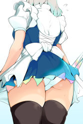 1girl, ass, blue skirt, commentary request, from behind, hekiga (freelot), highres, izayoi sakuya, knife, maid, panties, pantyshot, puffy short sleeves, puffy sleeves, short sleeves, simple background, skirt, solo, thighhighs, thighs, touhou, underwear, white background, white panties