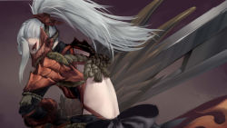 Rule 34 | 1girl, armor, back cutout, bow, clothing cutout, from side, grey hair, hair bow, hiko (hiko224556), long hair, looking at viewer, mask, monster hunter (series), monster hunter: world, odogaron (armor), pauldrons, ponytail, red eyes, shoulder armor, solo