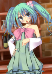 Rule 34 | 1girl, aqua eyes, aqua hair, bad id, bad pixiv id, bare shoulders, blush, bow, colorful x melody (vocaloid), detached sleeves, dress, ebiebiebio, flower, frown, hair flower, hair ornament, hand on own hip, hatsune miku, head tilt, hip focus, large bow, looking at viewer, open mouth, project diva, project diva (series), project diva 2nd, solo, strapless, strapless dress, twintails, vocaloid