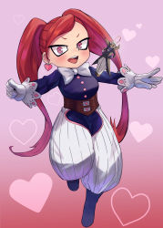 Rule 34 | 1girl, :d, absurdres, blush, boku no hero academia, bow, bowtie, breasts, character doll, earrings, full body, gentle criminal, gloves, heart, heart earrings, highres, jewelry, la brava, long hair, open mouth, pants, pants tucked in, peppertomo, pink background, pink eyes, puffy pants, red hair, simple background, smile, solo, twintails, white gloves