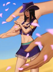 Rule 34 | 1girl, armlet, black hair, bluepoodlez, commentary, cowboy hat, cowboy shot, crop top, cross-laced clothes, cross-laced top, crossed arms, desert, disembodied hand, english commentary, extra arms, falling petals, hana hana no mi, hat, highres, looking ahead, miniskirt, navel, nico robin, nico robin (alabasta), one piece, petals, pink petals, purple hat, purple shirt, purple skirt, shirt, skirt, sky, solo