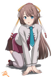 Rule 34 | 1girl, all fours, aqua eyes, artist logo, blazer, boots, brown hair, commentary request, cross-laced footwear, dress, grey thighhighs, hair ribbon, highres, jacket, kantai collection, kazagumo (kancolle), kazagumo kai ni (kancolle), lace-up boots, long hair, looking at viewer, necktie, pleated dress, ponytail, purple dress, ribbon, simple background, solo, t2r, thighhighs, white background