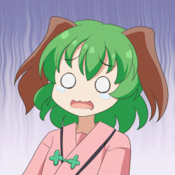 Rule 34 | 1girl, animal ears, cato (monocatienus), commentary request, gloom (expression), green hair, kasodani kyouko, o o, open mouth, portrait, short hair, simple background, solo, surprised, tearing up, touhou, wavy mouth, white background