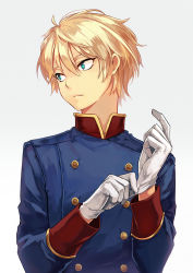 Rule 34 | 10s, 1boy, adjusting clothes, adjusting gloves, aldnoah.zero, aqua eyes, bad id, bad pixiv id, blonde hair, buttons, double-breasted, formal, gloves, green eyes, highres, male focus, military, military uniform, short hair, silver hair, simple background, slaine troyard, solo, soul4444, uniform, white gloves