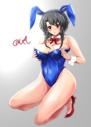 Rule 34 | 1girl, absurdres, animal ears, black hair, blue leotard, bow, bowtie, breasts, cleavage, commentary request, detached collar, fake animal ears, gradient background, grey background, highres, kantai collection, kneeling, large breasts, leotard, playboy bunny, rabbit ears, rabbit tail, red bow, red bowtie, red eyes, red footwear, shamo (ptwmjgda), short hair, solo, strapless, strapless leotard, tail, takao (kancolle), twitter username, wrist cuffs