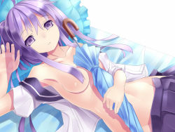 Rule 34 | 1girl, ahoge, breasts, censored, cleavage, closed umbrella, clothes pull, collarbone, convenient censoring, hair censor, hair over breasts, lying, medium breasts, mikan (bananoha), no bra, no panties, open clothes, open shirt, original, purple eyes, purple hair, school uniform, serafuku, shirt, skirt, skirt pull, solo, source request, umbrella, untied