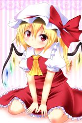 Rule 34 | 1girl, ascot, between legs, blonde hair, blush, bow, buttons, dress shirt, female focus, flandre scarlet, frills, hand between legs, hat, hat bow, highres, knees, lace, looking at viewer, open hands, puffy sleeves, red eyes, rena (riries), shirt, short hair, short sleeves, side ponytail, sitting, skirt, smile, solo, striped, striped background, embodiment of scarlet devil, touhou, v arms, vest, wariza, wings