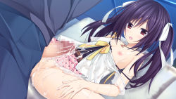 Rule 34 | 1boy, 1girl, akabei soft 2, asagiri sakura, black hair, blush, breasts, censored, covered erect nipples, cum, cum on body, cum on clothes, cum on lower body, game cg, hair ribbon, hibiki works, lying, mosaic censoring, nipples, on back, open mouth, oryo (oryo04), penis, pretty x cation, red eyes, ribbon, skirt, small breasts, twintails, white ribbon