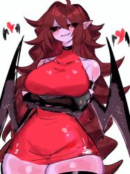 Rule 34 | 1girl, ahoge, arms under breasts, bare shoulders, black sclera, black thighhighs, breasts, brown hair, colored sclera, cowboy shot, demon girl, dress, friday night funkin&#039;, girlfriend (friday night funkin&#039;), large breasts, long hair, looking at viewer, pointy ears, red dress, red eyes, simple background, smirk, solo, standing, thick thighs, thighhighs, thighs, usa37107692, very long hair, white background