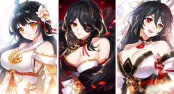 Rule 34 | 1girl, ahoge, apsara (elsword), ara haan, asymmetrical clothes, bare shoulders, black dress, black hair, braid, breasts, choker, cleavage, closed mouth, commentary request, detached sleeves, devi (elsword), dress, elsword, eyes visible through hair, fangs, fangs out, feather boa, flower, fur trim, hair between eyes, hair flower, hair ornament, heterochromia, highres, jewelry, korean commentary, large breasts, lips, long hair, looking at viewer, makeup, multicolored clothes, multicolored hair, multiple persona, open mouth, parted lips, red eyes, shakti (elsword), side slit, sideboob, smile, sssss2222, symbol-shaped pupils, teeth, two-tone hair, very long hair, white dress, white hair, yellow eyes