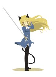Rule 34 | 1girl, animal ears, blonde hair, chibi, glasses, holding, holding hair, kamereon three, long hair, military, military uniform, perrine h. clostermann, rapier, solo, standing, strike witches, sword, tail, uniform, weapon, world witches series, yellow eyes