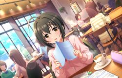 Rule 34 | black hair, brown hair, chair, cup, faceless, faceless male, game cg, idolmaster, idolmaster cinderella girls, idolmaster cinderella girls starlight stage, kohinata miho, notebook, official art, plate, restaurant, table, teacup, window, yellow eyes