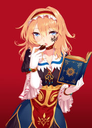 Rule 34 | 1girl, adapted costume, alice margatroid, blew andwhite, blonde hair, blue eyes, book, bracelet, dress, eating, facial tattoo, food, frilled hairband, frills, hair between eyes, hairband, highres, holding, holding book, holding food, jewelry, long dress, looking at viewer, multicolored clothes, multicolored dress, necklace, open mouth, red background, red hairband, short hair, short sleeves, solo, standing, tattoo, touhou, upper body, wide sleeves