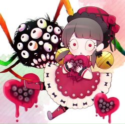 Rule 34 | 1girl, bell, black bow, blood, boots, bow, brown hair, bug, dress, frilled sleeves, frills, hair bell, hair bow, hair ornament, hat, heart, jingle bell, laetitia (project moon), lobotomy corporation, looking at viewer, mikoto0x0, pink dress, pink eyes, pink footwear, pink hat, project moon, solo, spider