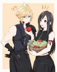 Rule 34 | 1boy, 1girl, ?, ??, apron, arm ribbon, bare shoulders, basket, belt buckle, black apron, black gloves, black hair, black sleeves, black vest, blonde hair, blue eyes, buckle, carrot, closed mouth, cloud strife, commentary, cowboy shot, detached sleeves, final fantasy, final fantasy vii, final fantasy vii advent children, food, gloves, hand on own chin, hand on own hip, highres, holding, holding basket, holding food, holding vegetable, lettuce, long hair, looking at viewer, midriff peek, mizuamememe, open mouth, outside border, popped collar, red eyes, red ribbon, ribbon, shirt, single bare shoulder, single detached sleeve, single shoulder pad, sleeveless, sleeveless shirt, spiked hair, swept bangs, tifa lockhart, tomato, vegetable, vest, waist apron, zipper