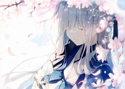 Rule 34 | 1girl, bandaged arm, bandages, blue archive, blush, cherry blossoms, closed mouth, dated, grey eyes, grey hair, haori, highres, japanese clothes, long hair, nagusa (blue archive), petals, sailor collar, school uniform, serafuku, signature, smile, solo, tel-o, upper body, white sailor collar