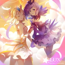 Rule 34 | 2girls, arm warmers, bare shoulders, blonde hair, breasts, character name, cleavage, closed eyes, collarbone, crown, dark elementalist lux, dress, dual persona, elbow gloves, elementalist lux, english text, feathers, floating, gloves, gradient background, highres, holding hands, interlocked fingers, layered dress, league of legends, levitation, light elementalist lux, light trail, looking at viewer, lux (league of legends), medium breasts, miniskirt, multiple girls, off shoulder, parted lips, pixiv id 3756882, purple eyes, purple hair, short hair, skirt, smile, star (symbol), uri (513321347)