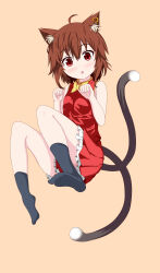 Rule 34 | 1girl, :o, absurdres, adapted costume, ahoge, animal ear fluff, animal ears, bare shoulders, bow, bowtie, brown hair, cat ears, cat tail, chen, earrings, flat chest, furagu, hair between eyes, hands up, highres, jewelry, light blush, looking at viewer, multiple tails, nekomata, open mouth, paw pose, petite, petticoat, red eyes, red skirt, red vest, short hair, simple background, single earring, skirt, skirt set, sleeveless, solo, tail, touhou, two tails, vest, yellow bow, yellow bowtie