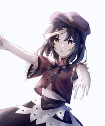 Rule 34 | 0801 nu, 1girl, black hair, black skirt, cabbie hat, commentary, grey background, hat, hat ornament, highres, miyako yoshika, ofuda, open mouth, outstretched arms, purple hat, red shirt, shirt, short hair, short sleeves, simple background, skirt, solo, star (symbol), star hat ornament, touhou