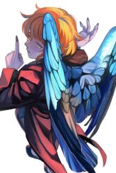 Rule 34 | 1girl, bird girl, bird tail, bird wings, black footwear, black nails, blue hair, blue wings, brown jacket, brown pants, brown suit, closed mouth, commentary request, feathered wings, fingernails, formal, freckles, full body, hands up, highres, index finger raised, jacket, long fingernails, long sleeves, looking at viewer, looking back, mole, mole under mouth, multicolored hair, orange hair, original, pants, rra (yj), short hair, simple background, solo, streaked hair, suit, tail, walking, white background, wings, yellow eyes