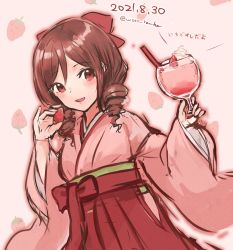 Rule 34 | 1girl, bow, brown hair, commentary request, cup, dated, drill hair, drink, food, fruit, hair bow, hakama, hakama skirt, harukaze (kancolle), holding, holding cup, japanese clothes, kantai collection, kimono, long hair, looking at viewer, meiji schoolgirl uniform, one-hour drawing challenge, pink kimono, red bow, red eyes, red hakama, skirt, solo, strawberry, translation request, twin drills, twitter username, wss (nicoseiga19993411)