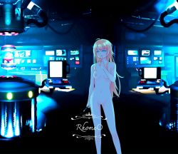 Rule 34 | 1girl, blonde hair, blue eyes, breasts, commission, completely nude, computer, costume, dark, finger to mouth, holding, long hair, messy hair, new game!, no pussy, nude, open mouth, rhosavior, science fiction, shushing, smile, solo, standing, very long hair, yagami kou