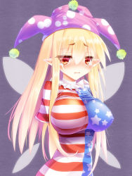 Rule 34 | 1girl, american flag dress, arms behind back, blonde hair, blush, breasts, clownpiece, crying, crying with eyes open, fairy wings, female focus, full-face blush, hat, jester cap, large breasts, long hair, looking at viewer, open mouth, pointy ears, short sleeves, solo, star (symbol), striped, tears, touhou, upper body, wings, z.o.b