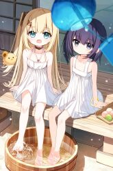 Rule 34 | 2girls, :d, bare arms, bare shoulders, barefoot, blonde hair, blue eyes, brown collar, closed mouth, collar, collarbone, commentary request, day, dress, flower, flower girl (yuuhagi (amaretto-no-natsu)), food, foot bath, hair between eyes, hair ornament, hairclip, highres, long hair, looking at viewer, mochi, multiple girls, one side up, open mouth, original, outdoors, purple hair, shiho (yuuhagi (amaretto-no-natsu)), sitting, sleeveless, sleeveless dress, smile, soaking feet, sunflower, very long hair, water, white dress, wind chime, x hair ornament, yellow flower, yuuhagi (amaretto-no-natsu)