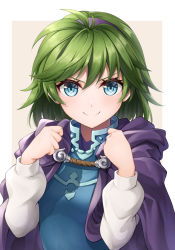 Rule 34 | &gt;:), 1girl, blouse, blue eyes, border, brown background, cape, clenched hands, closed mouth, fire emblem, fire emblem: the blazing blade, green hair, hairband, long sleeves, looking at viewer, nino (fire emblem), nintendo, purple cape, purple hairband, shirt, short hair, simple background, smile, solo, ten (tenchan man), v-shaped eyebrows, white border, white shirt