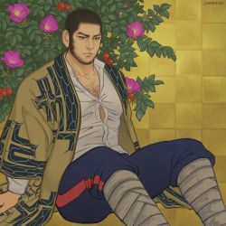 Rule 34 | 1boy, ainu clothes, bandages, bandaged leg, bandages, bara, beard, black hair, blue pants, bursting pectorals, buzz cut, chest hair, expressionless, facial hair, feet out of frame, flower, flower request, golden kamuy, highres, japanese clothes, kimono, large pectorals, long sideburns, male focus, muscular, muscular male, nopinzo, open clothes, open kimono, pants, pectoral cleavage, pectorals, purple flower, short hair, sideburns, sitting, solo, tanigaki genjirou, very short hair
