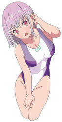 Rule 34 | 1girl, absurdres, breasts, competition swimsuit, cropped legs, gridman universe, highres, large breasts, leaning forward, light purple hair, looking at viewer, one-piece swimsuit, red eyes, shinjou akane, sho (shoshos 8888), short hair, solo, ssss.gridman, swimsuit, two-tone swimsuit, white one-piece swimsuit