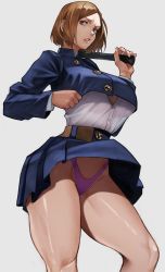 Rule 34 | 1girl, absurdres, bare legs, baton (weapon), belt, breasts, brown eyes, brown hair, buttons, clenched teeth, commentary request, cowboy shot, cropped jacket, fingernails, furrowed brow, grey background, hammer, highleg, highleg panties, highres, holding, holding hammer, holding weapon, jujutsu kaisen, kugisaki nobara, large breasts, lips, panties, pleated skirt, purple panties, shirt, skirt, solo, standing, teeth, thick thighs, thighs, thong, underwear, uniform, upskirt, weapon, white shirt, wide hips, yoshio (55level)