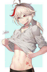 Rule 34 | 1boy, absurdres, antenna hair, black pants, blush, bodypaint, casual, clothes lift, collarbone, collared shirt, commentary, cowboy shot, crossed bangs, genshin impact, hair between eyes, highres, kaedehara kazuha, lifted by self, long hair, long torso, looking down, low ponytail, male focus, multicolored hair, nasaniliu, navel, pants, parted lips, red eyes, red hair, shirt, shirt lift, sidelocks, signature, sleeves rolled up, solo, standing, stomach, streaked hair, sweat, white background, white hair, white shirt