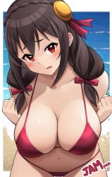 1girl bare_shoulders beach bent_over bikini blush bow breasts brown_hair cleavage hair_bow hanging_breasts highres jampen kono_subarashii_sekai_ni_shukufuku_wo! large_breasts leaning_forward looking_at_viewer low_twintails medium_hair navel ocean open_mouth outdoors red_bikini red_eyes sand solo swimsuit twintails water yunyun_(konosuba)