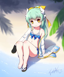 Rule 34 | 1girl, aged down, arm support, bare legs, bare shoulders, barefoot, beach, bikini, black footwear, blue bikini, blurry, blurry foreground, blush, bow, brown eyes, closed mouth, collarbone, day, depth of field, dragon horns, fate/grand order, fate (series), frilled bikini, frills, green hair, hair between eyes, hair bow, hair ribbon, head tilt, highres, holding, holding shoes, horns, japanese clothes, kimono, kiyohime (fate), kiyohime (fate/grand order), kiyohime (swimsuit lancer) (fate), kiyohime (swimsuit lancer) (third ascension) (fate), langbazi, long sleeves, looking at viewer, navel, off shoulder, open clothes, open kimono, outdoors, palm tree, ponytail, ribbon, sand, sandals, see-through, shoes, signature, single sandal, sitting, smile, solo, swimsuit, tree, water, white kimono, wide sleeves, yellow bow, yellow ribbon
