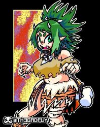 Rule 34 | 1girl, animal print, cavewoman, fingernails, food, green eyes, green hair, jewelry, lowres, meat, meat (virtual youtuber), midriff, necklace, pointy ears, primitive, sharp fingernails, sharp teeth, simple background, standing, teeth, torn clothes, virtual youtuber
