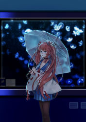 Rule 34 | 1girl, absurdres, aquarium, blue eyes, bow, chinese commentary, choker, commentary request, cowboy shot, grate, hair bow, highres, holding, holding umbrella, indoors, information sheet, jellyfish, label, legs, long hair, looking at viewer, n.s.egg, pantyhose, parted lips, red hair, ribbon-trimmed sleeves, ribbon trim, sailor collar, skirt, solo, taihou (warship girls r), twintails, umbrella, very long hair, warship girls r, window