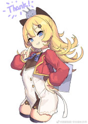 Rule 34 | 1girl, abercrombie (azur lane), azur lane, black thighhighs, blonde hair, bright pupils, contrapposto, cowboy shot, cropped jacket, cropped legs, dress, flat chest, flipped hair, grin, hand on own hip, index finger raised, kinjo kuromomo, long sleeves, looking at viewer, short dress, simple background, smile, solo, thighhighs, weibo watermark, white background