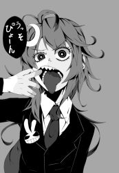 Rule 34 | 10s, 1girl, collared shirt, crazy eyes, female focus, formal, grey background, greyscale, hair ornament, kantai collection, kuroboshi (negative), looking at viewer, monochrome, moon (ornament), necktie, open mouth, sharp teeth, shirt, simple background, solo, suit, teeth, tongue, tongue out, translation request, uzuki (kancolle)