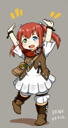 Rule 34 | 10s, 1girl, arms up, blue eyes, blush, copyright name, final fantasy, final fantasy xiv, green eyes, grey background, heterochromia, lalafell, open mouth, red hair, simple background, smile, solo, star (symbol), warrior of light (ff14), zaxwu