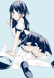 Rule 34 | 1girl, arm support, black footwear, black hair, blue background, blush, breasts, embarrassed, fingernails, glass, highres, kneeling, looking at viewer, maid, medium breasts, open mouth, original, puffy short sleeves, puffy sleeves, purple eyes, shoe soles, shoes, short sleeves, simple background, solo, thighhighs, thighs, twitter username, water, wet, wet clothes, white thighhighs, yu yu