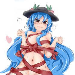 Rule 34 | 1girl, :3, blue hair, blush, breasts, food, food on head, fruit, fruit on head, gift wrapping, hat, heart, heavy breathing, highres, hinanawi tenshi, king (ougon kingyo-bachi), looking at viewer, naked ribbon, navel, object on head, peach, red eyes, ribbon, sketch, small breasts, smug, steam, sweat, tears, touhou, wrapped up