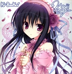 Rule 34 | 1girl, :o, absurdres, bare shoulders, black hair, blush, cross, cross necklace, detached collar, dress, grey background, hairband, highres, huge filesize, jewelry, karory, lolita fashion, lolita hairband, long hair, long sleeves, looking at viewer, necklace, parted lips, petals, pink dress, purple eyes, sidelocks, signature, simple background, solo, tareme, upper body, very long hair