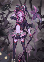 Rule 34 | 1girl, absurdres, animal, arm up, black gloves, black pantyhose, black skirt, cat, closed mouth, collarbone, female focus, gloves, gradient background, highres, holding, holding weapon, league of legends, long sleeves, looking at viewer, lulu (league of legends), midriff, miniskirt, navel, pantyhose, pink hair, sakimei, skirt, sleeves rolled up, smile, solo, staff, thighhighs, weapon, wings, yellow eyes, zettai ryouiki