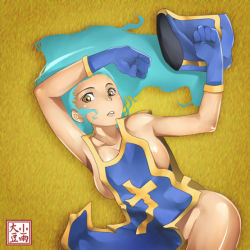 Rule 34 | 1girl, blue hair, breasts, chunsoft, covering privates, dragon quest, dragon quest iii, enix, gloves, hat, kosame daizu, large breasts, long hair, mitre, naked tabard, nude cover, priest (dq3), solo, square enix, tabard, undressing
