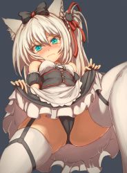 Rule 34 | 1girl, 3:, animal ears, apron, azur lane, bad id, bad pixiv id, bare shoulders, black bow, black dress, black panties, blue eyes, blush, bow, breasts, cameltoe, cat ears, cat girl, cat hair ornament, closed mouth, clothes lift, dress, dress lift, grey background, hair between eyes, hair bow, hair ornament, hair ribbon, hammann (azur lane), head tilt, long hair, looking at viewer, nose blush, osobachan, panties, puffy short sleeves, puffy sleeves, red ribbon, remodel (azur lane), ribbon, short sleeves, silver hair, simple background, small breasts, solo, strapless, strapless dress, tears, thighhighs, underwear, very long hair, white apron, white thighhighs