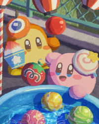 Rule 34 | ball, blue eyes, blush, blush stickers, candy, festival, food, highres, ice, invincible candy, kirby, kirby (series), lamp, lollipop, mask, maxim tomato, miclot, nintendo, open mouth, outdoors, pool, shaved ice, sparkling eyes, star (symbol), tomato, tongue, waddle dee, water