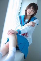 Rule 34 | asahina mikuru, cosplay, highres, katou mari, photo (medium), sailor, school uniform, serafuku, socks, suzumiya haruhi no yuuutsu
